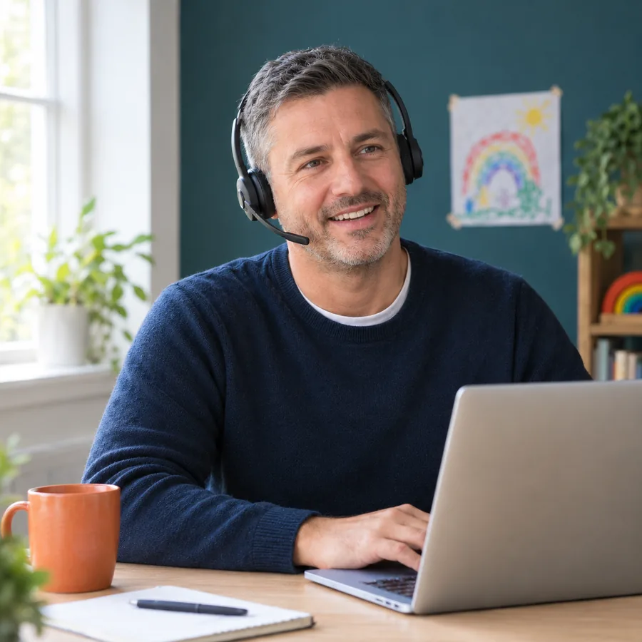 A Resourceful virtual assistant wearing a headset, smiling on a call with a nursery manager while working at his laptop.